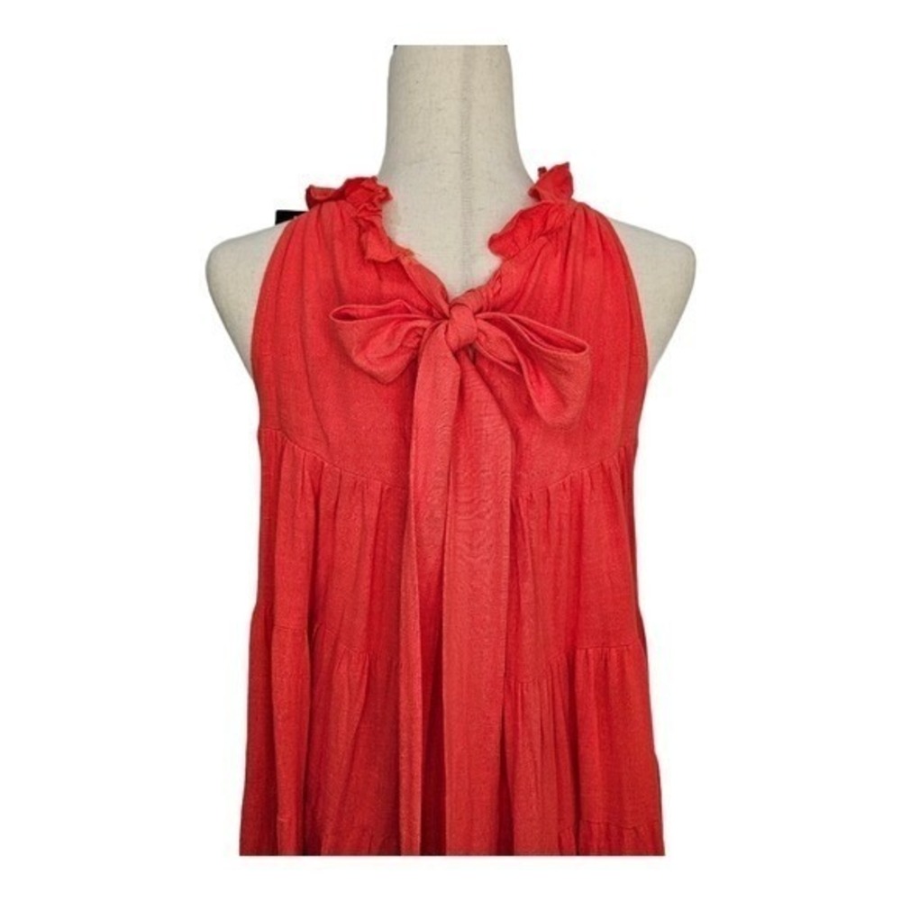 Lulus Womens Red Linen Blend Tiered Mini Dress S Sleeveless Ruffle Tie Back Boho - Picture 6 of 13